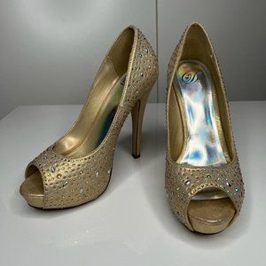 Gold Rhinestone Peep Toe Heels Pumps